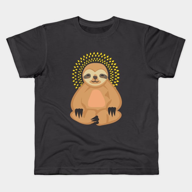 Funny Sloth in Yoga position with enlightenment lights Kids T-Shirt by Uncle Fred Design